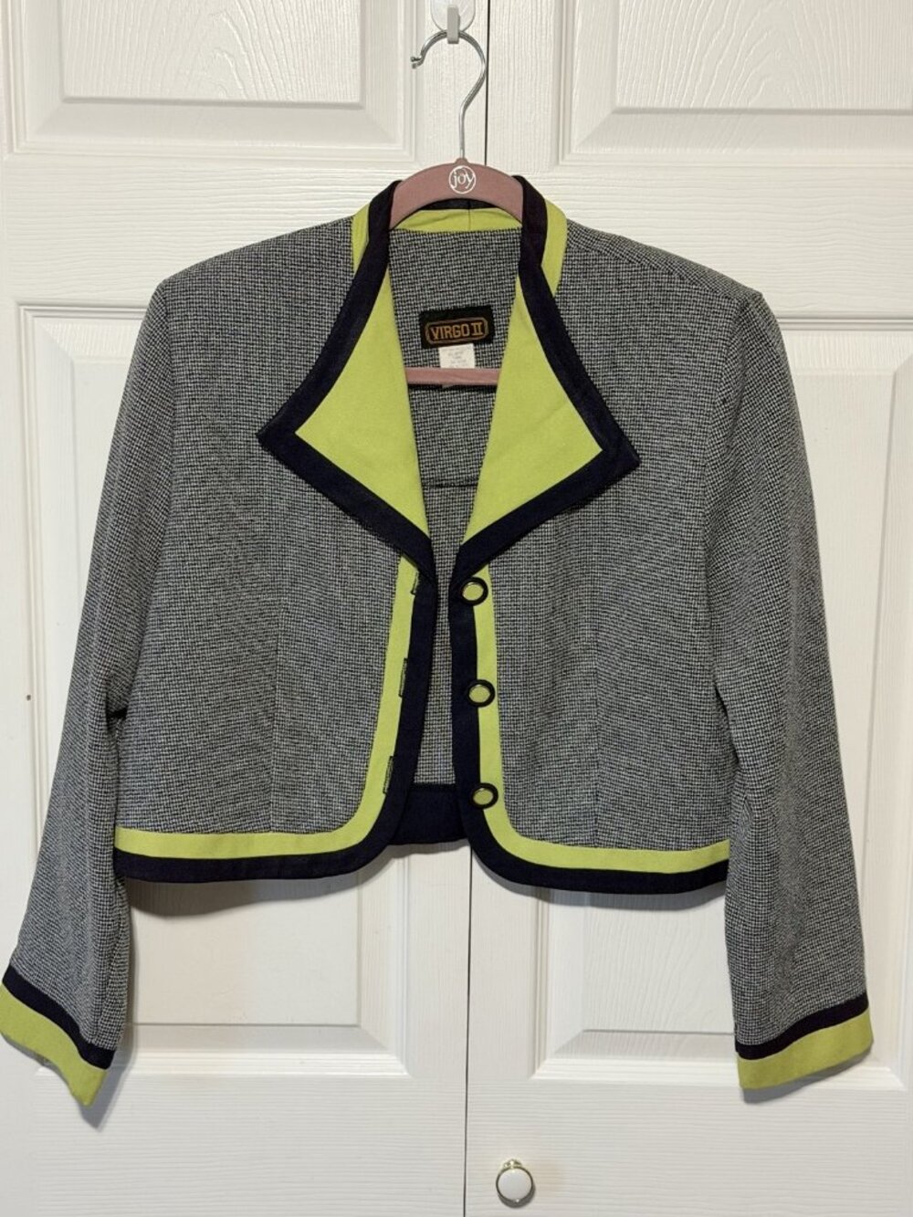 Virgo II Vintage Cropped Houndstooth Jacket with Lime Trim
